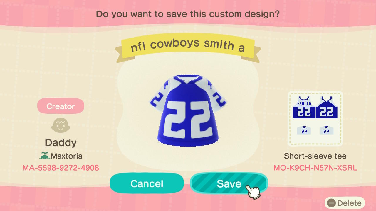 Animal Crossing Design Code: MO-K9CH-N57N-XSRL NFL Cowboys Smith TG
