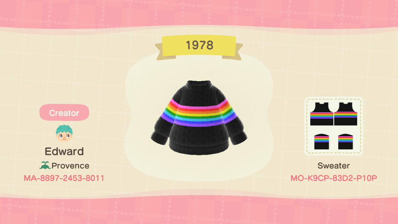 Animal Crossing Design Code: MO-K9CP-83D2-P10P 1978 (pride)