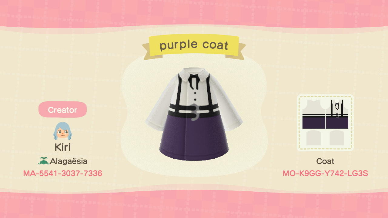 Animal Crossing Design Code: MO-K9GG-Y742-LG3S Purple skirt outfit