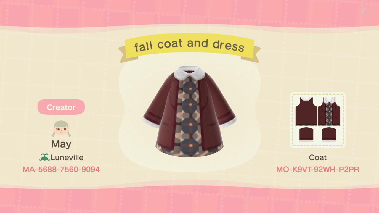 Animal Crossing Design Code: MO-K9VT-92WH-P2PR fall coat and dress
