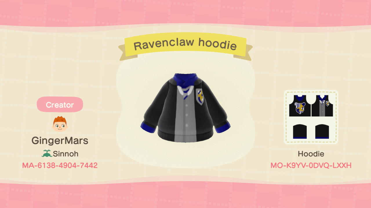 Animal Crossing Design Code: MO-K9YV-0DVQ-LXXH Ravenclaw hoodie