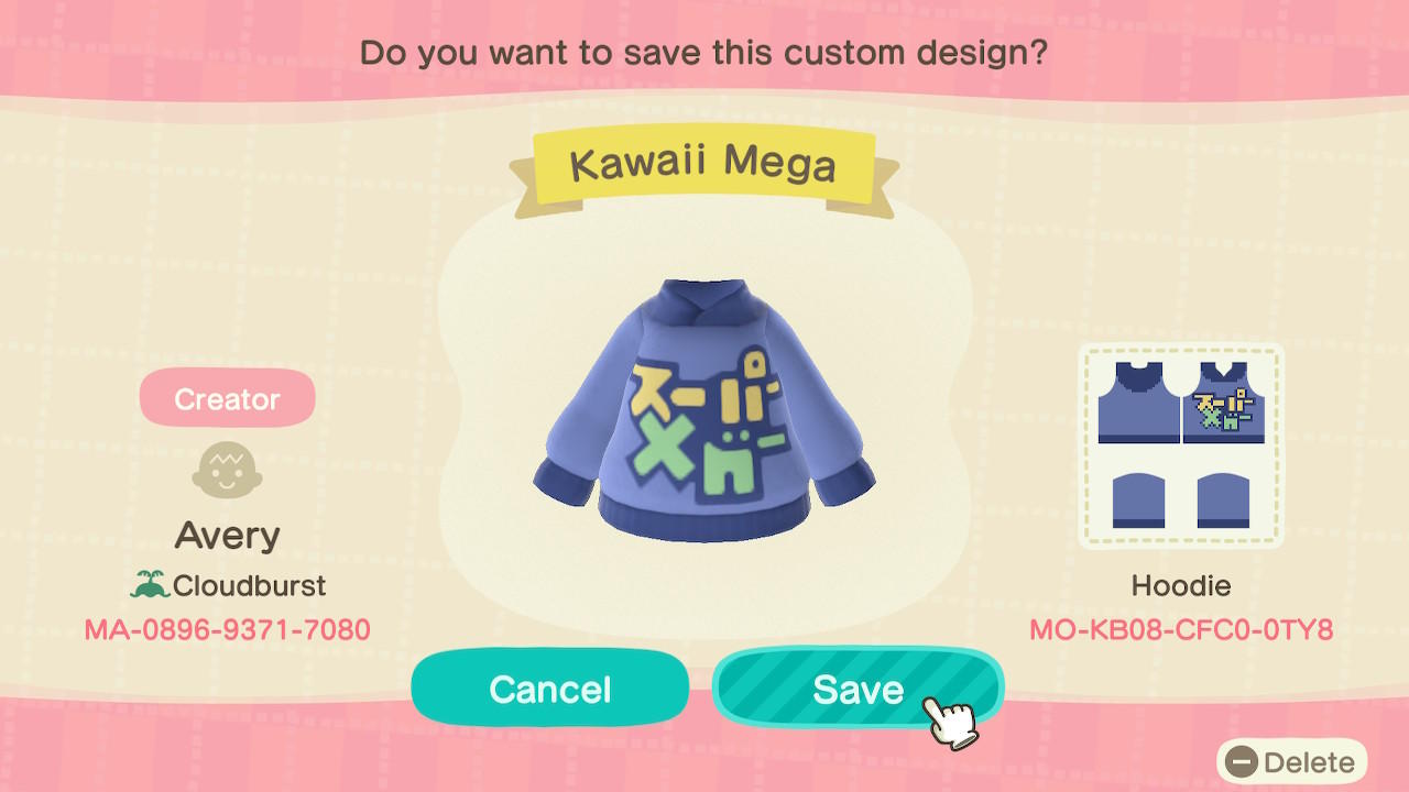 Animal Crossing Design Code: MO-KB06-CFC0-0TY8 Kawaii Mega