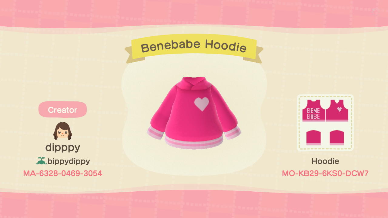 Animal Crossing Design Code: MO-KB29-6KS0-DCW7 Benebabe Hoodie