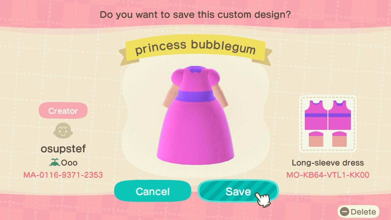 Animal Crossing Design Code: MO-KB64-VTL1-KK00 Princess Bubblegum