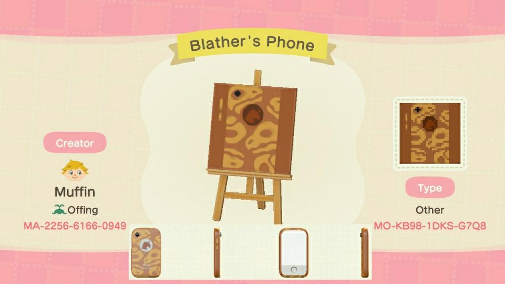 Animal Crossing Design Code: MO-KB98-1DKS-G7Q8 Blather's Phone