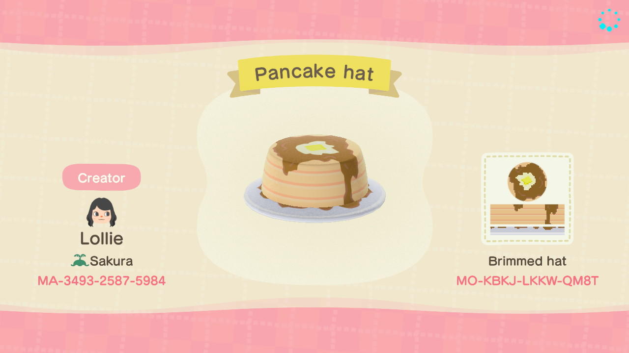 Animal Crossing Design Code: MO-KBKJ-LKKW-QM8T Pancake hat