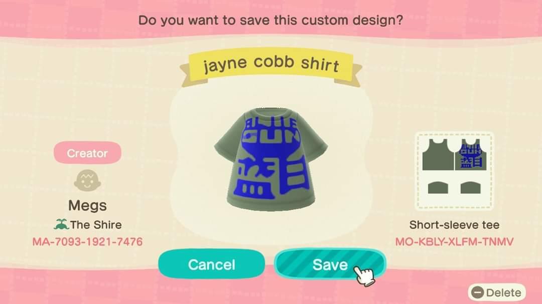 Animal Crossing Design Code: MO-KBLY-XLFM-TNMV jayne cobb shirt
