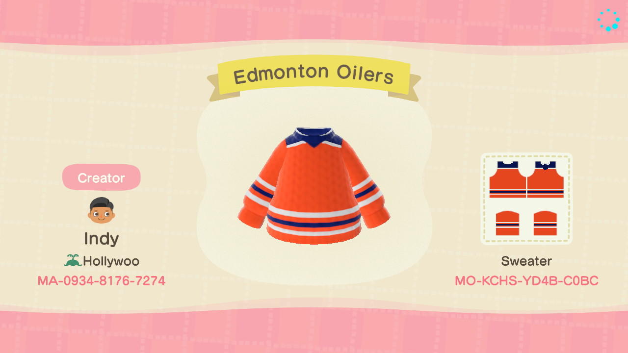Animal Crossing Design Code: MO-KCHS-YD4B-C0BC Edmonton Oilers