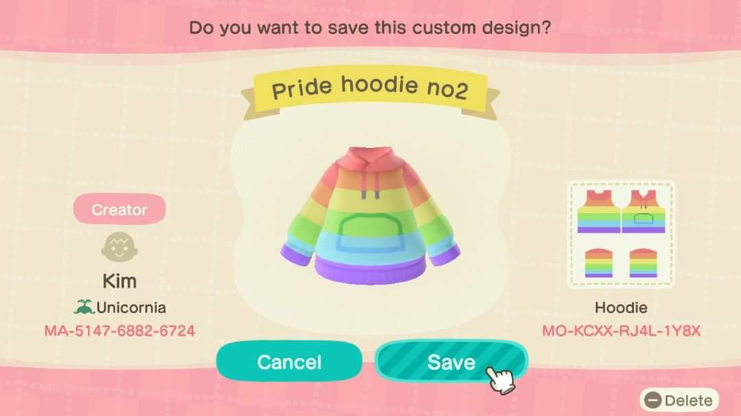 Animal Crossing Design Code: MO-KCXX-RJ4L-1Y8X Pride Hoodie