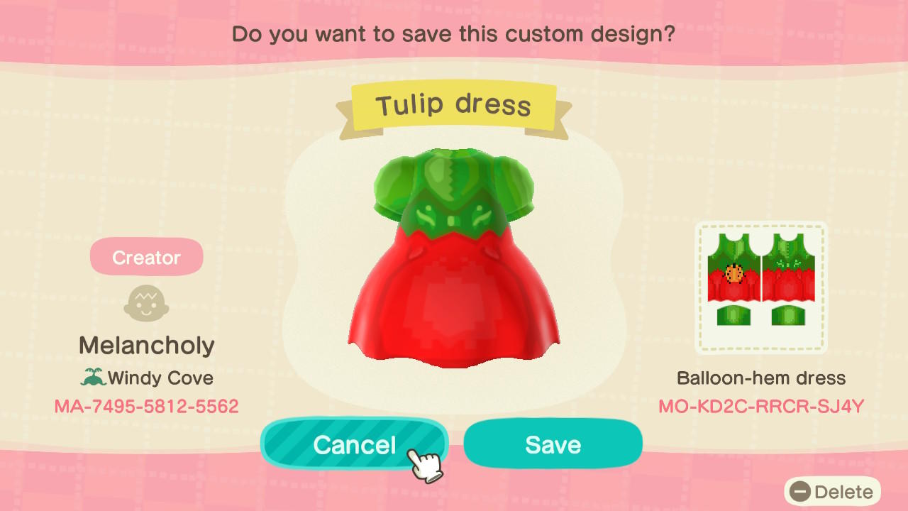 Animal Crossing Design Code: MO-KD2C-RRCR-SJ4Y Tulip Dress