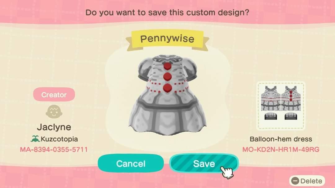 Animal Crossing Design Code: MO-KD2N-HR1M-49RG Pennywise