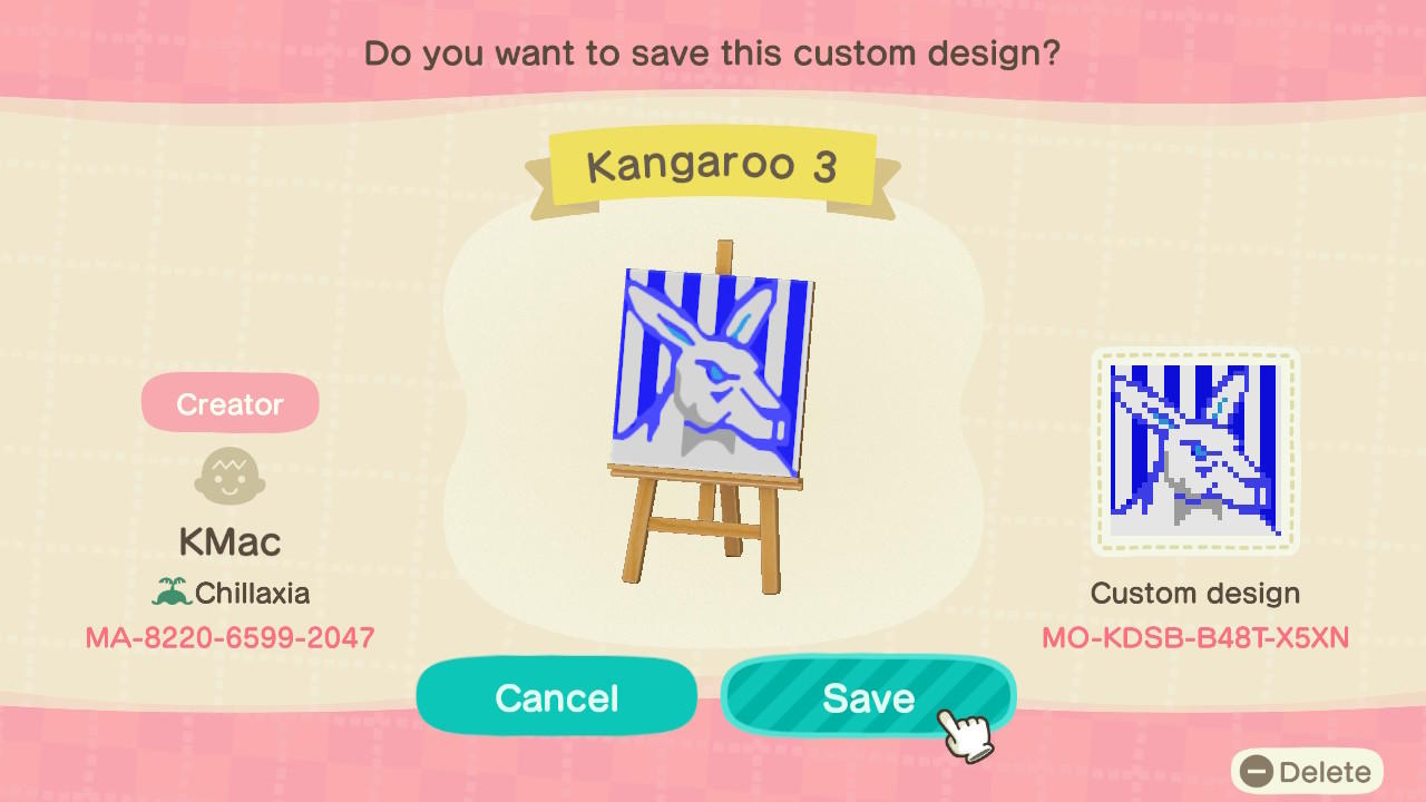 Animal Crossing Design Code: MO-KDSB-B48T-X5XN NMFC Kangaroo 1