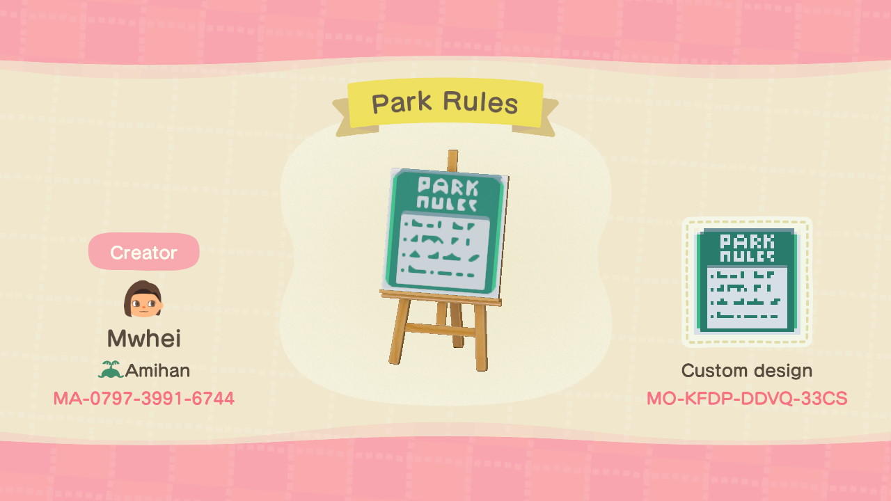 Animal Crossing Design Code: MO-KFDP-DDVQ-33CS Park Rules