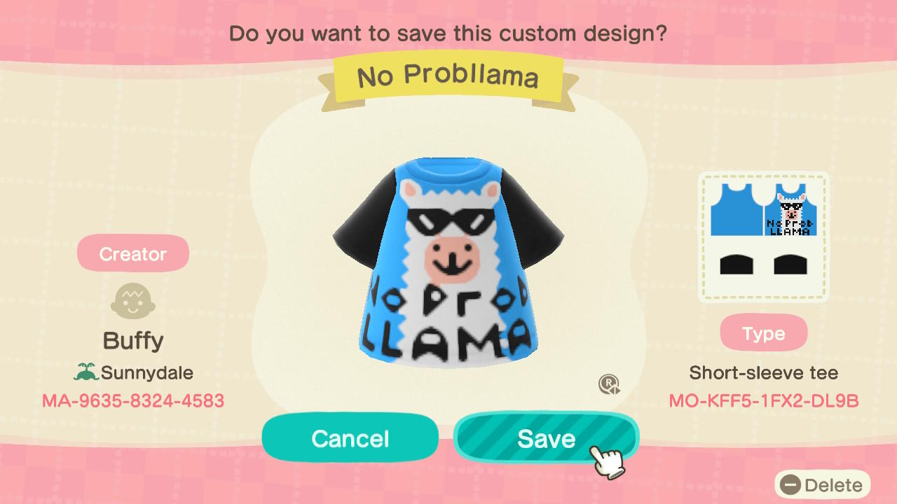 Animal Crossing Design Code: MO-KFF5-1FX2-DL9B No Probllama Shirt
