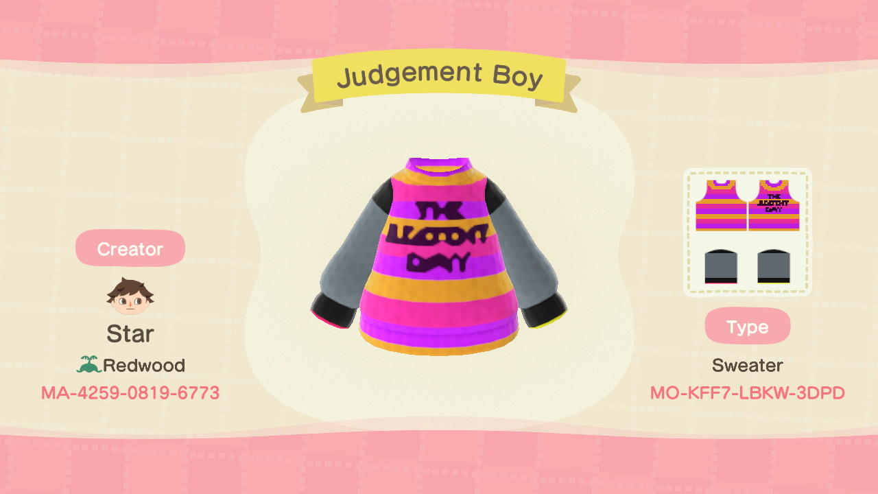 Animal Crossing Design Code: MO-KFF7-LBKW-3DPD Judgement Boy