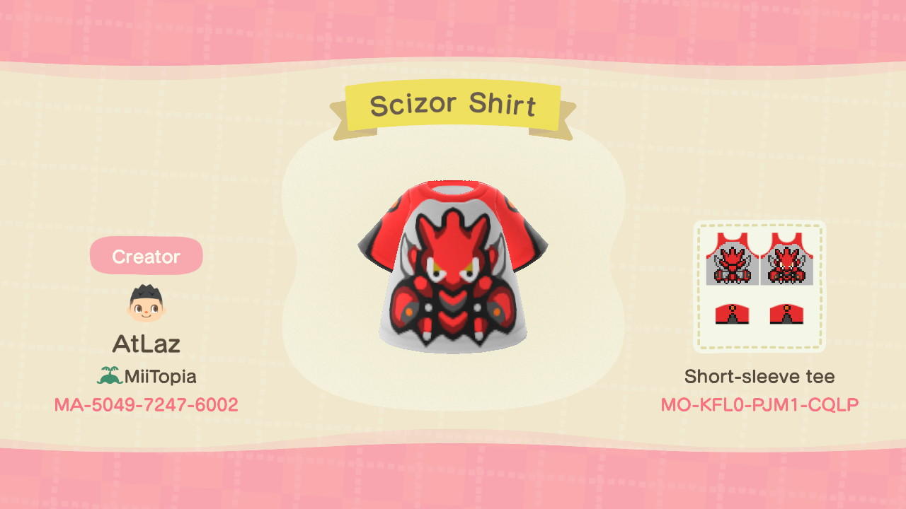 Animal Crossing Design Code: MO-KFL0-PJM1-CQLP Scizor Shirt