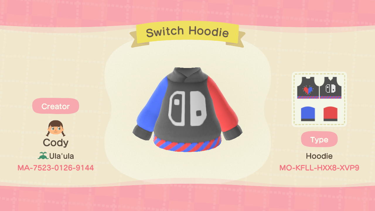 Animal Crossing Design Code: MO-KFLL-HXX8-XVP9 Switch Hoodie