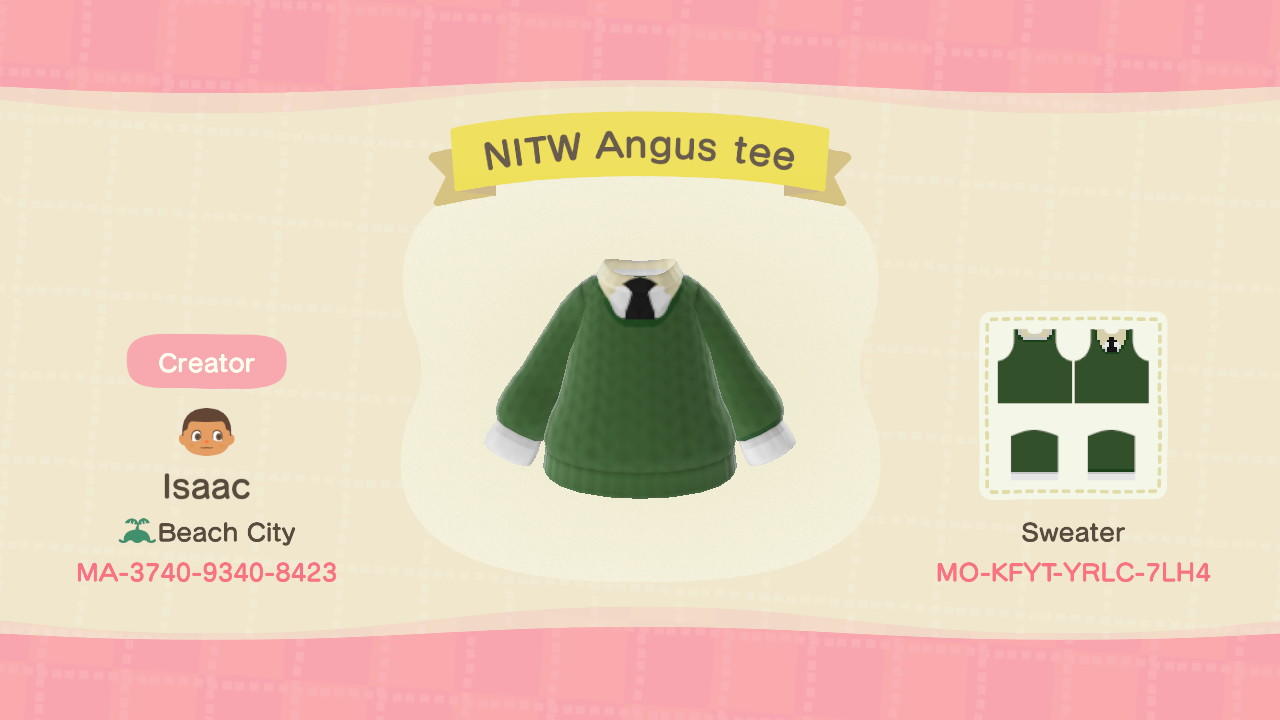 Animal Crossing Design Code: MO-KFYT-YRLC-7LH4 NITW Angus Tee