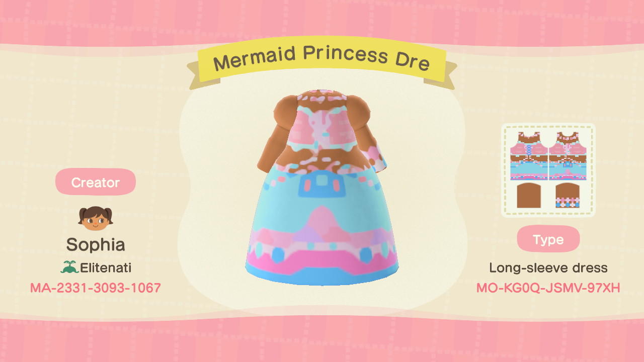 Animal Crossing Design Code: MO-KG0Q-JSMV-97XH Mermaid Princess Dre