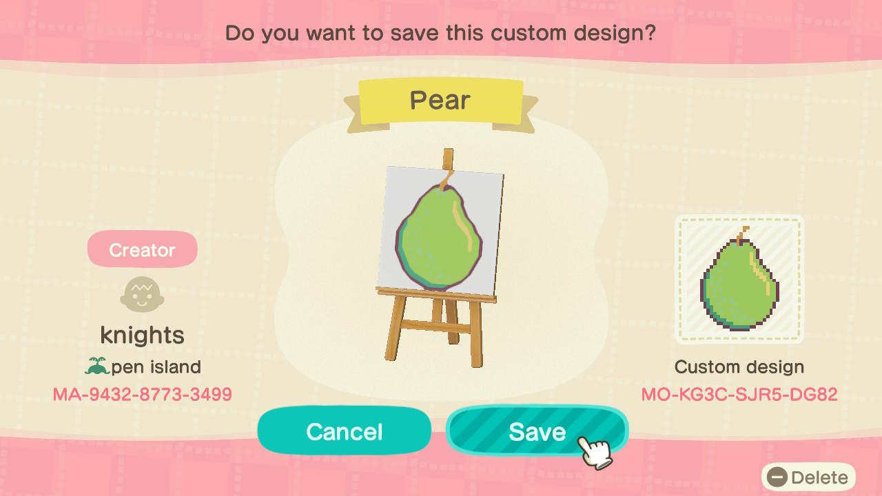 Animal Crossing Design Code: MO-KG3C-SJR5-DG82 PEAR