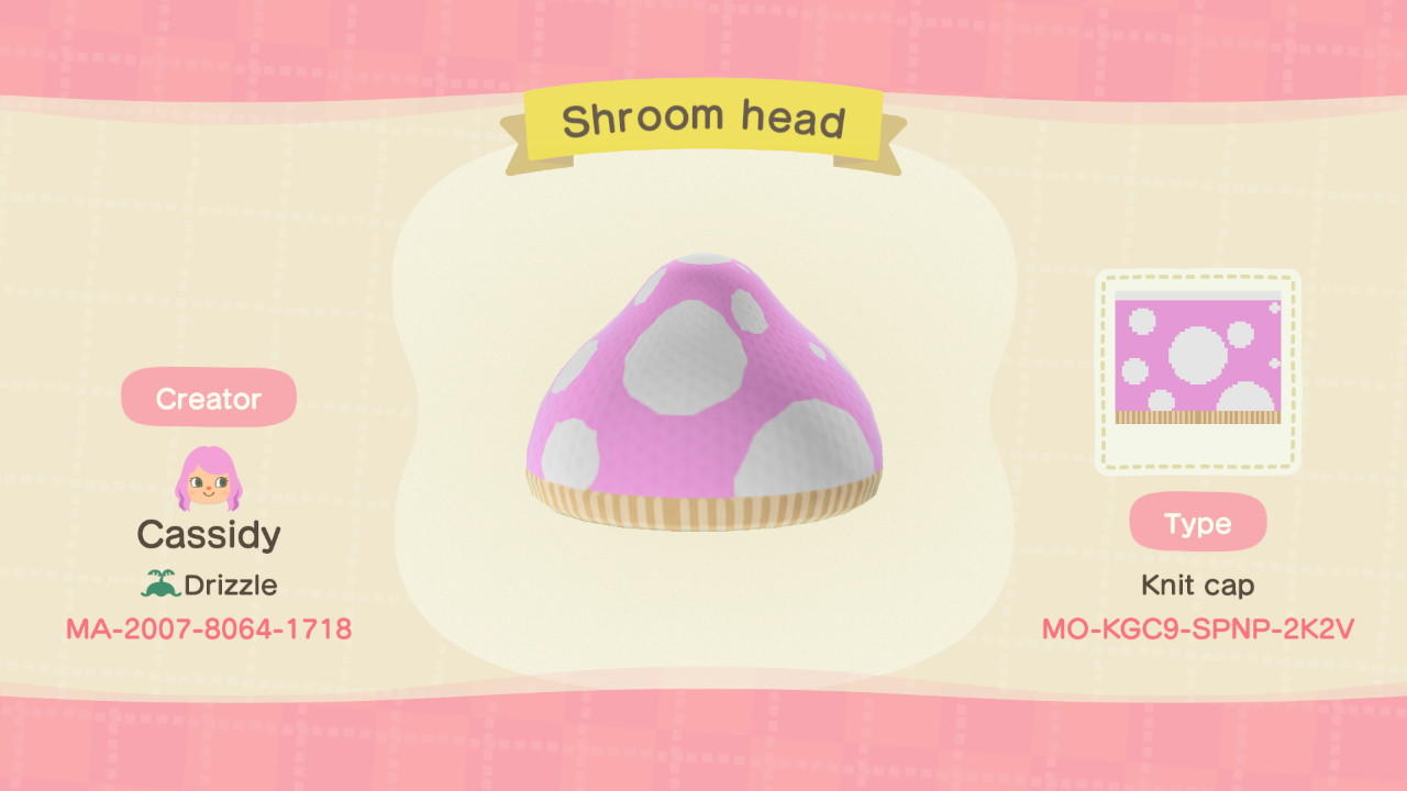 Animal Crossing Design Code: MO-KGC9-SPNP-2K2V Shroom Head