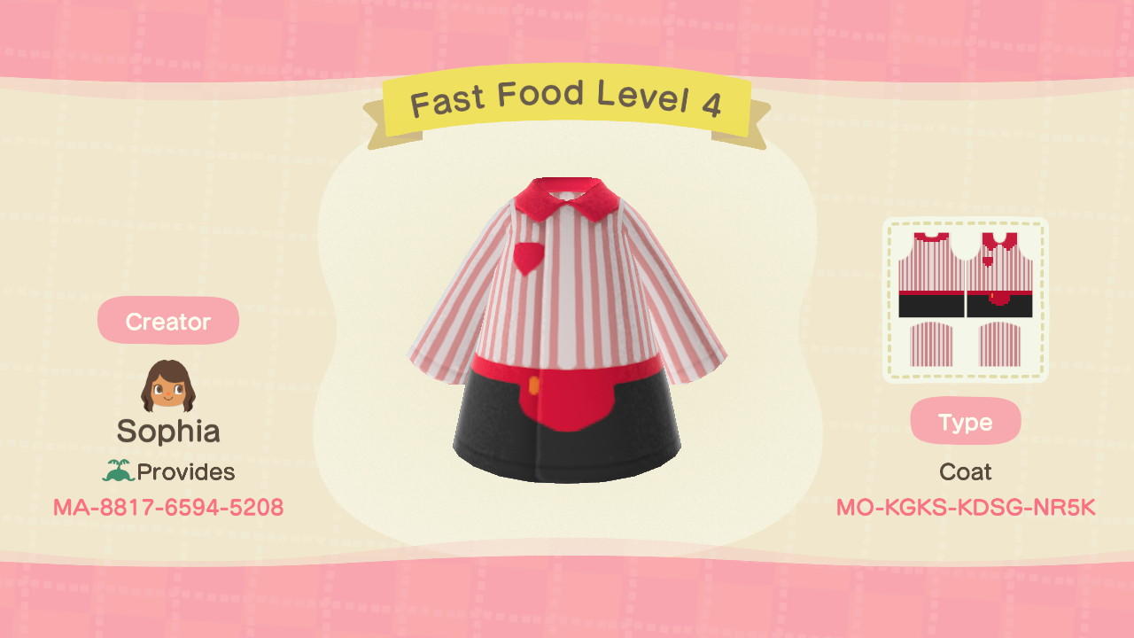 Animal Crossing Design Code: MO-KGKS-KDSG-NR5K Fast Food Level 4