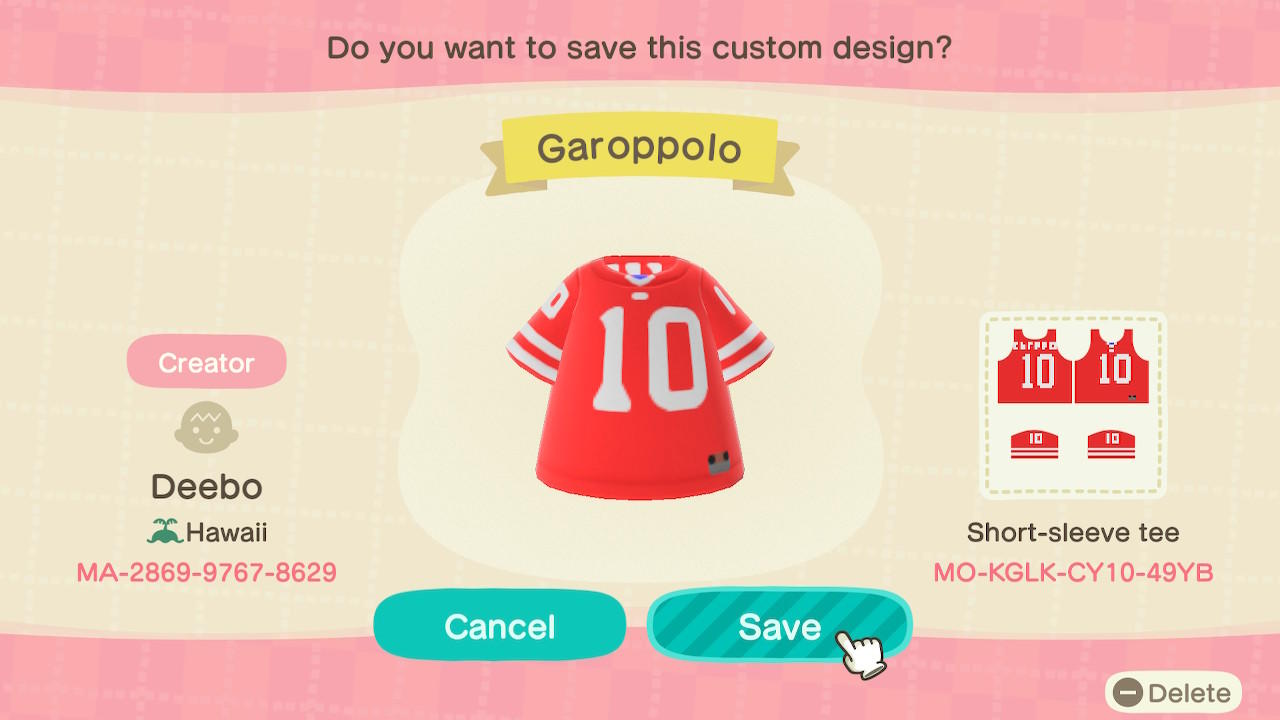 Animal Crossing Design Code: MO-KGLK-CY10-49YB SF 49ers Garoppolo