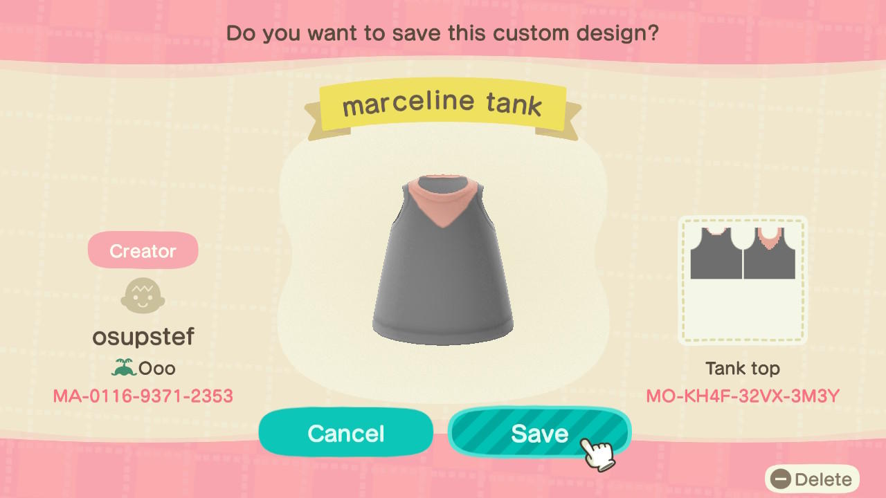 Animal Crossing Design Code: MO-KH4F-32VX-3M3Y Marceline Tank Top