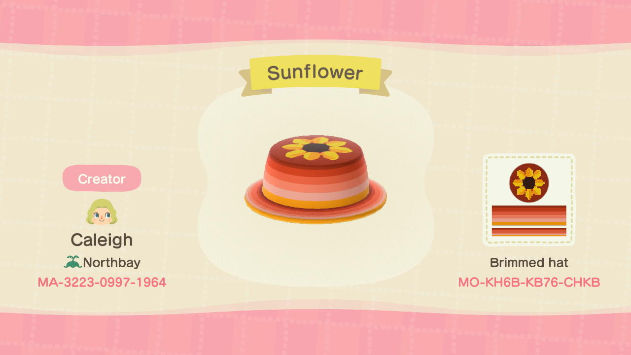 Animal Crossing Design Code: MO-KH6B-KB76-CHKB Sunflower hat