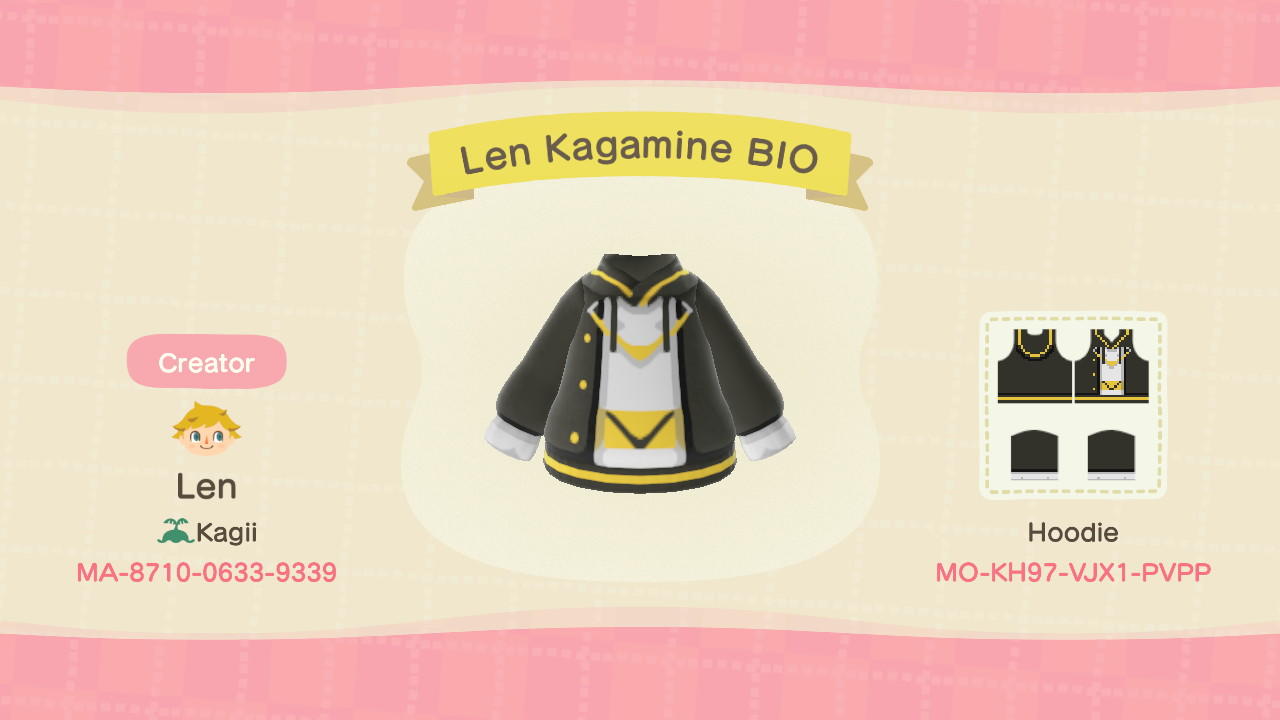Animal Crossing Design Code: MO-KH97-VJX1-PVPP Len Kagamine BIO