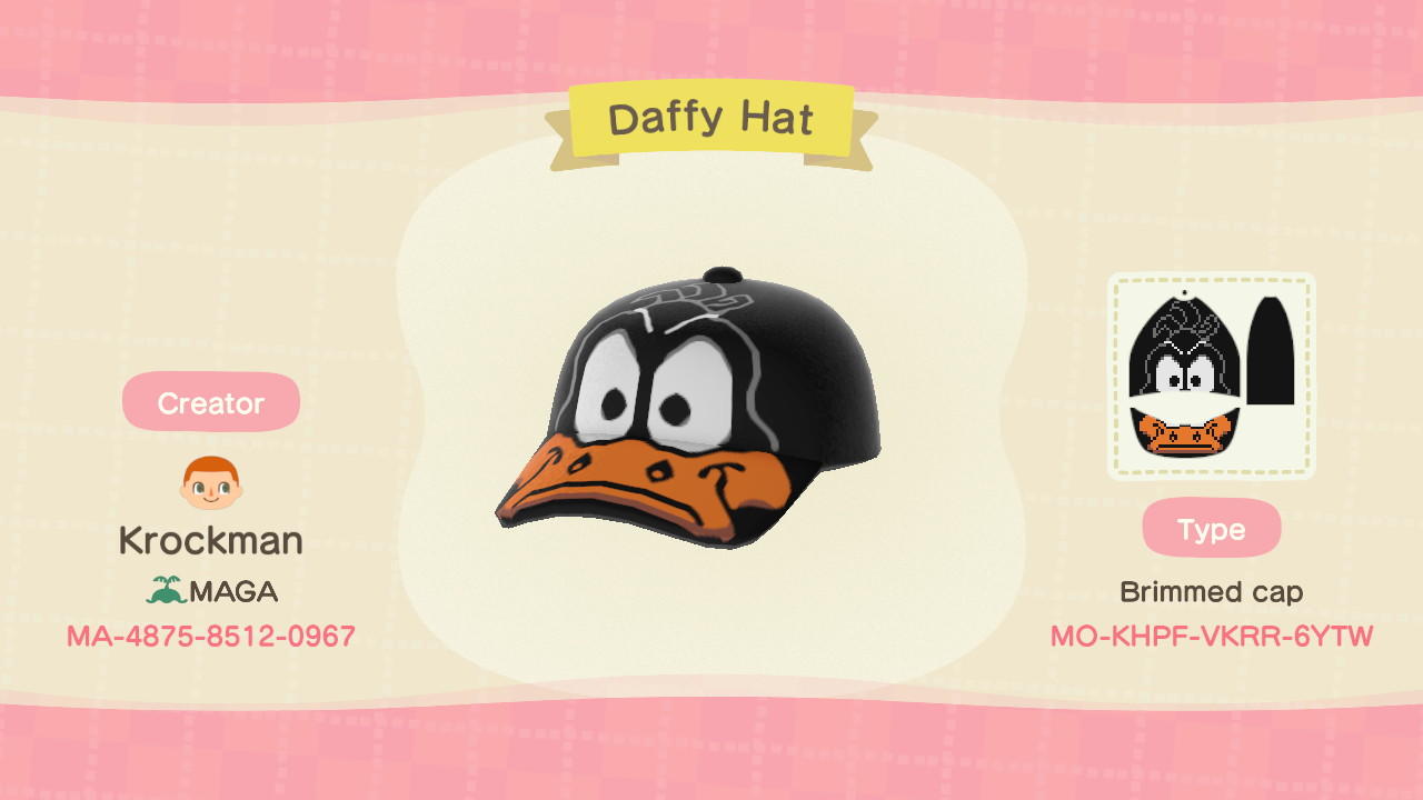 Animal Crossing Design Code: MO-KHPF-VKRR-6YTW Daffy Hat