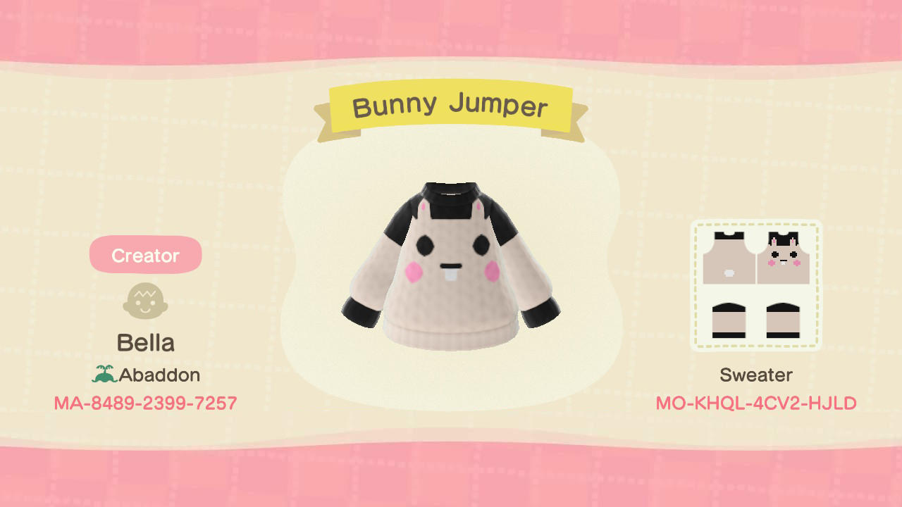 Animal Crossing Design Code: MO-KHQL-4CV2-HJLD Bunny Jumper