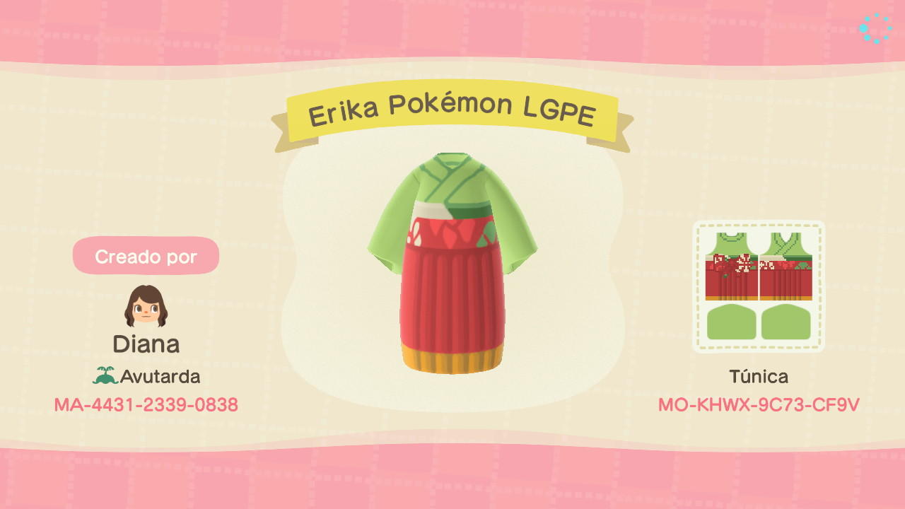 Animal Crossing Design Code: MO-KHWX-9C73-CF9V Erika Pokémon LGPE