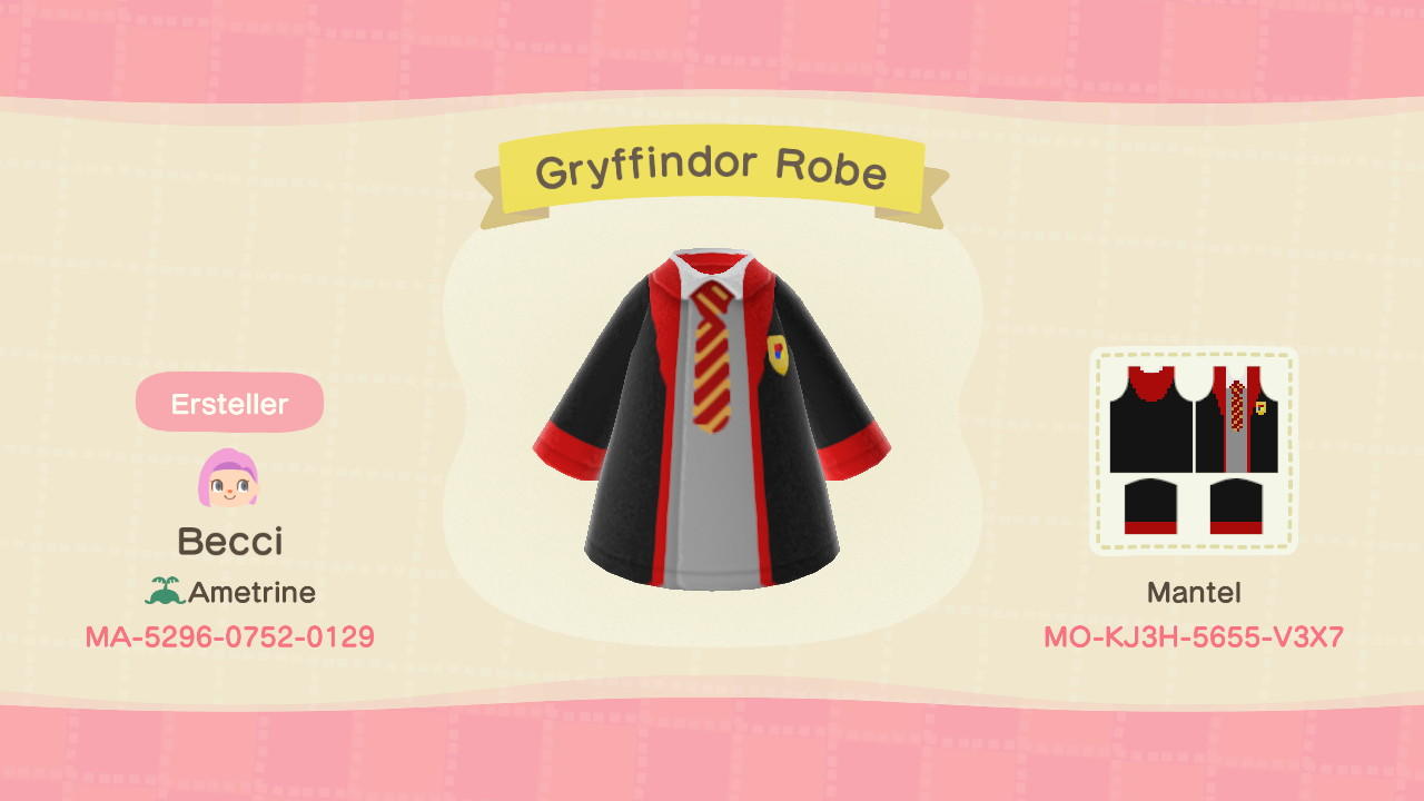 Animal Crossing Design Code: MO-KJ3H-5655-V3X7 Gryffindor Robe