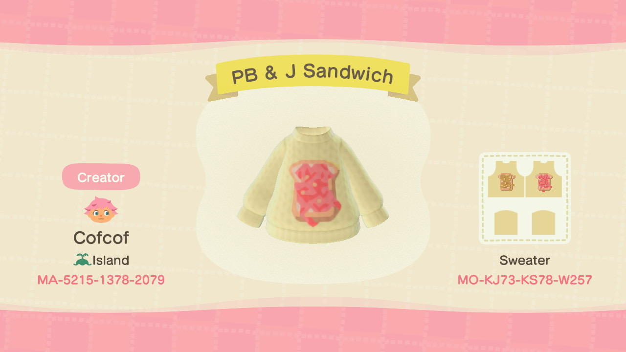Animal Crossing Design Code: MO-KJ73-KS78-W257 PB & J Sandwich