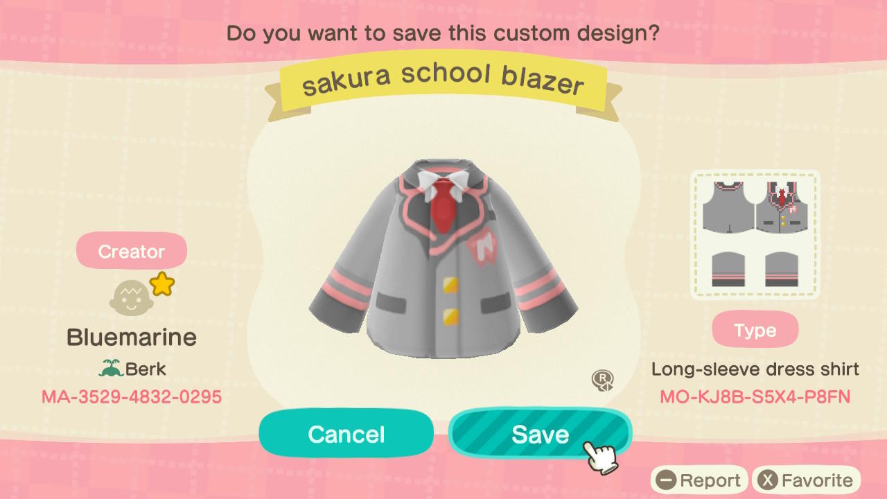 Animal Crossing Design Code: MO-KJ8B-S5X4-P8FN Sakura School Blazer