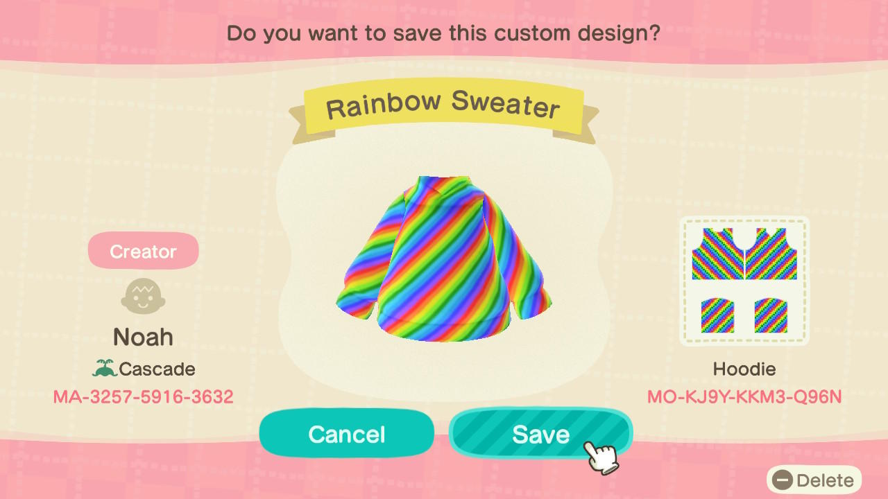 Animal Crossing Design Code: MO-KJ9Y-KKM3-Q96N Rainbow Sweater