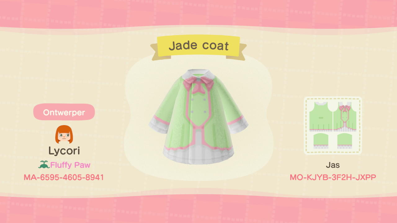 Animal Crossing Design Code: MO-KJYB-3F2H-JXPP Jade coat