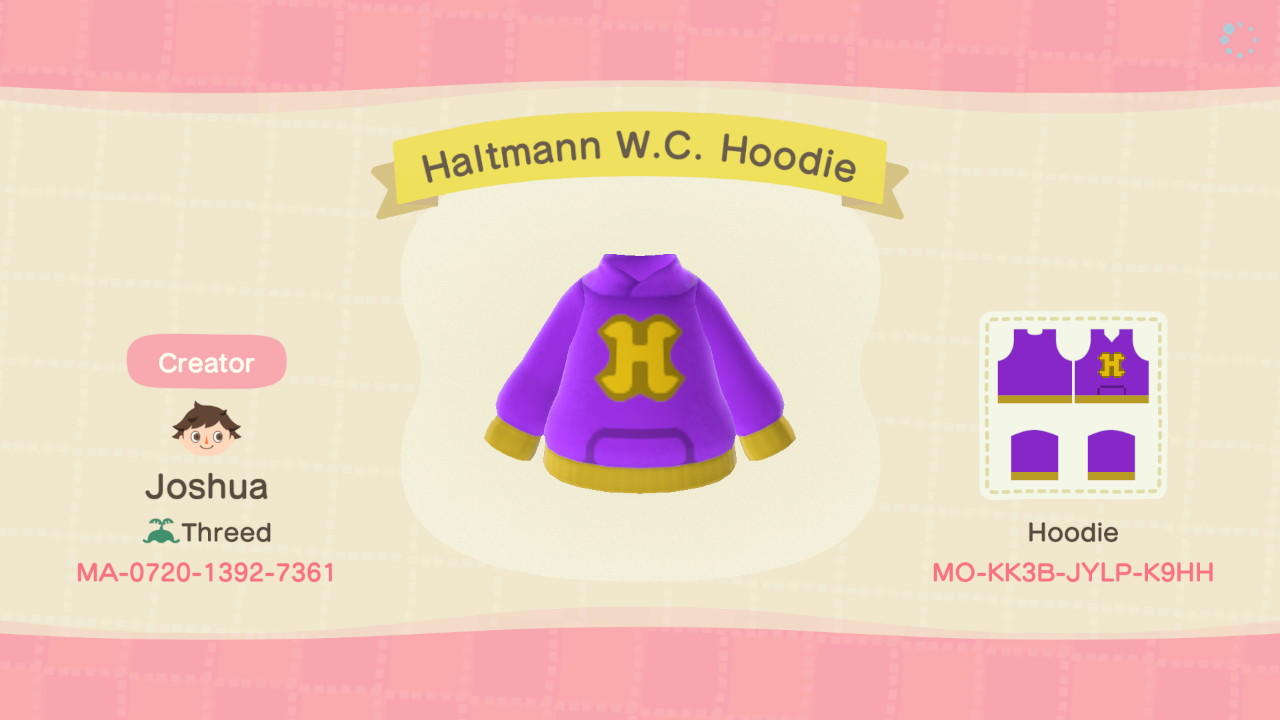 Animal Crossing Design Code: MO-KK3B-JYLP-K9HH Haltmann W.C. Hoodie
