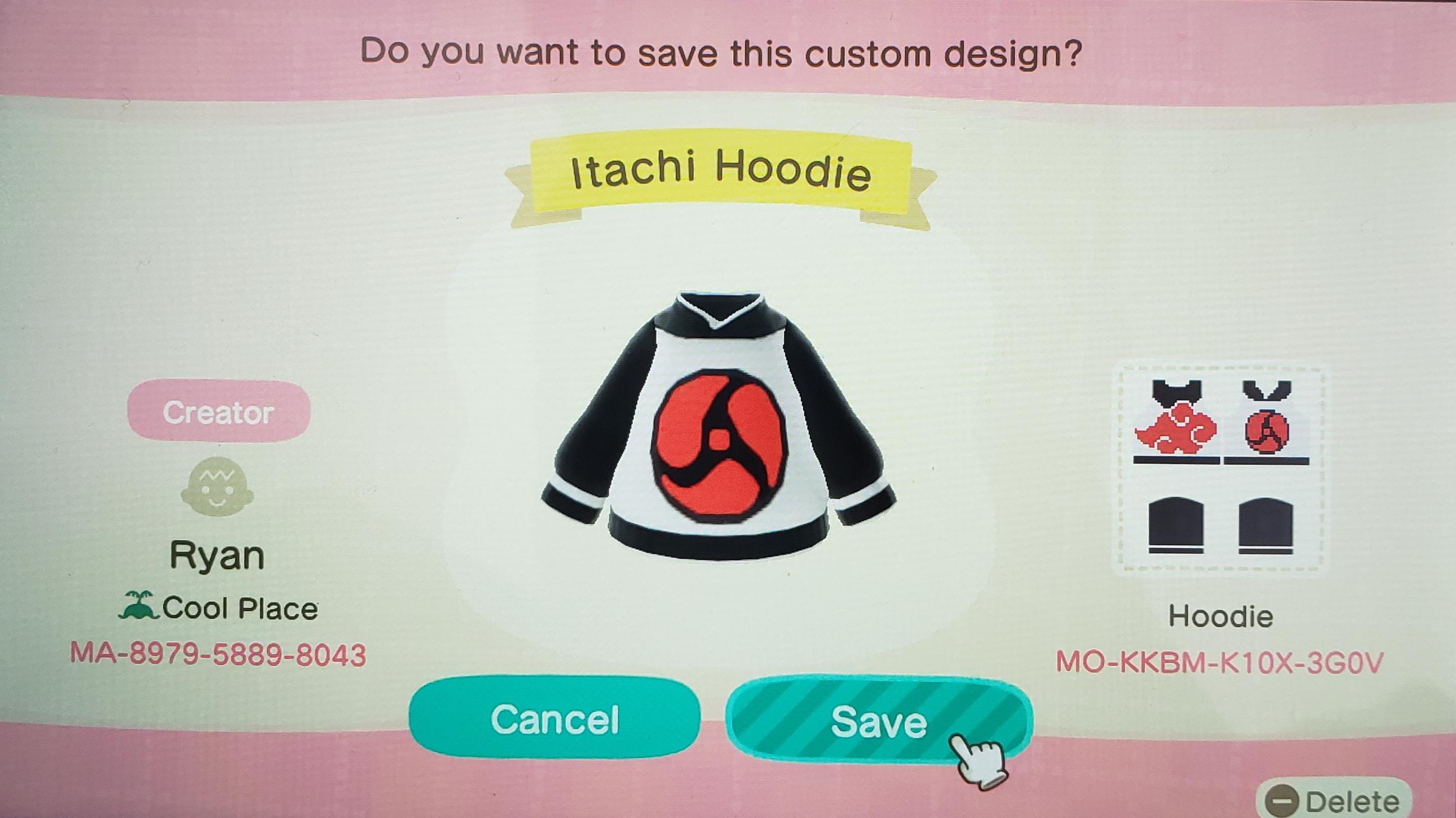Animal Crossing Design Code: MO-KKBM-K10X-3G0V Itachi Hoodie