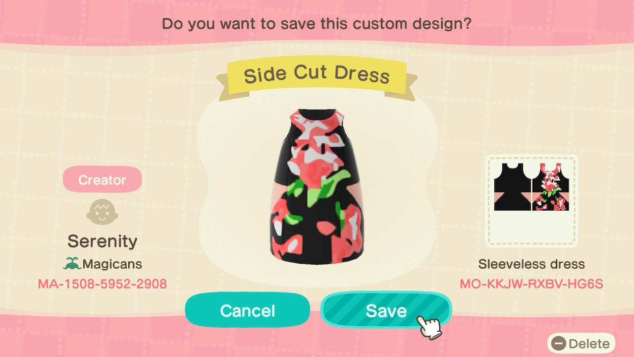 Animal Crossing Design Code: MO-KKJW-RXBV-HG6S Side Cut Dress