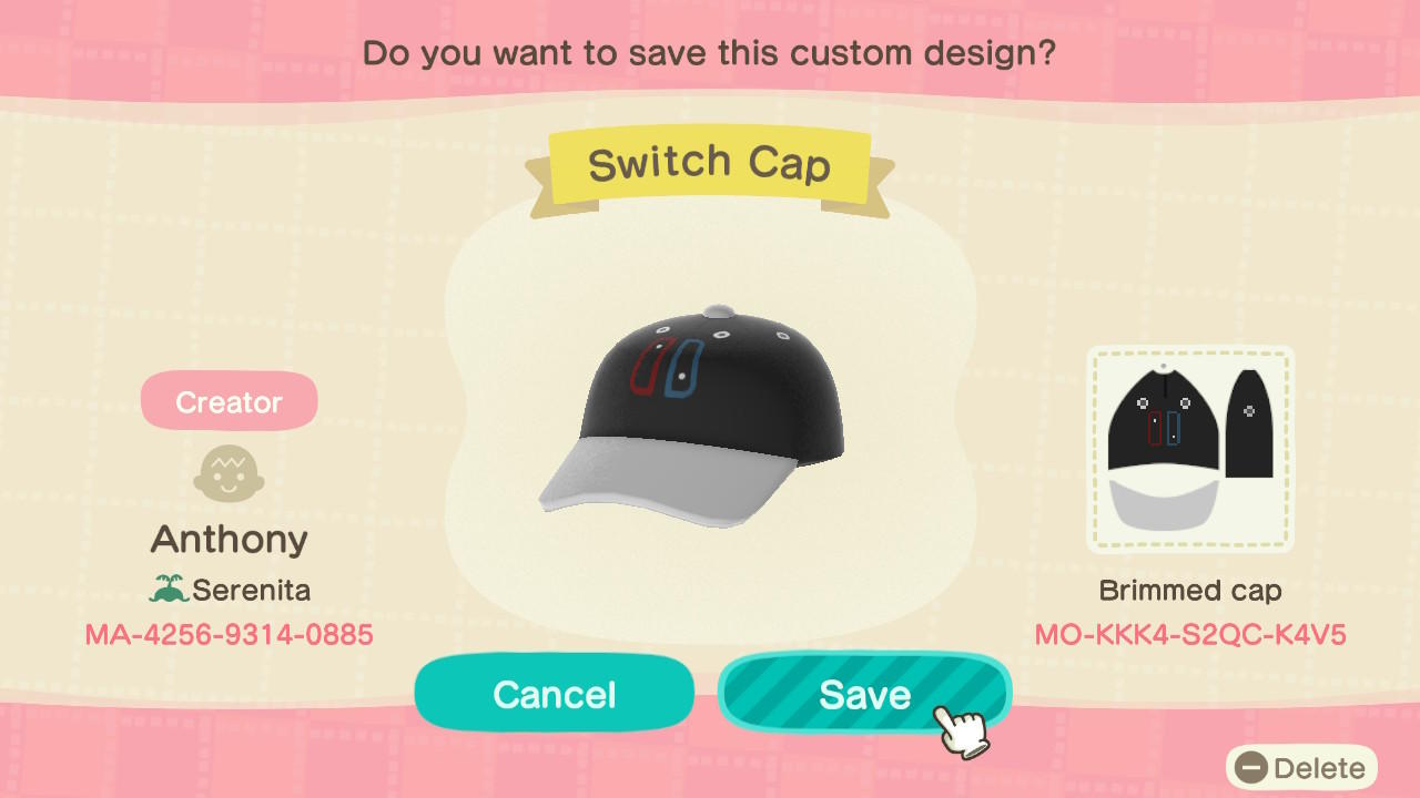 Animal Crossing Design Code: MO-KKK4-S2QC-K4V5 Switch Cap