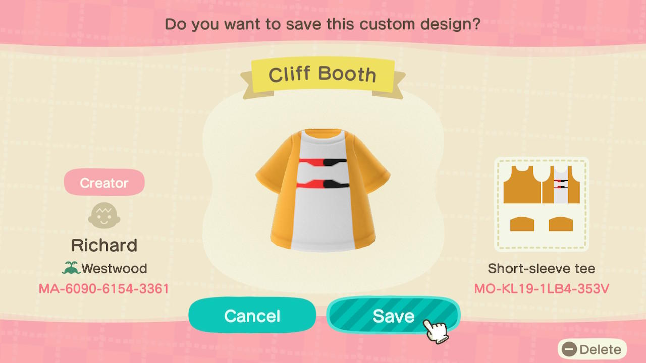 Animal Crossing Design Code: MO-KL19-1LB4-353V Cliff Booth