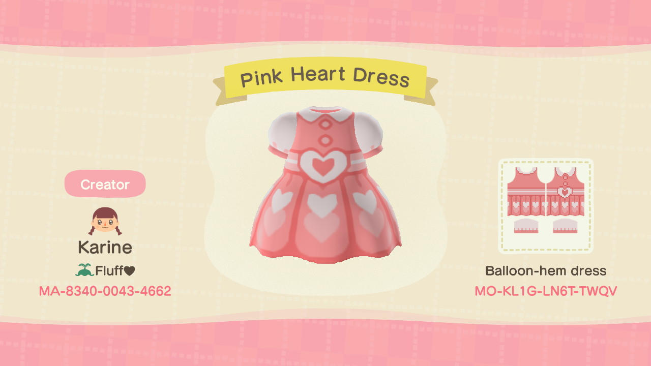 Animal Crossing Design Code: MO-KL1G-LN6T-TWQV Pink Heart Dress
