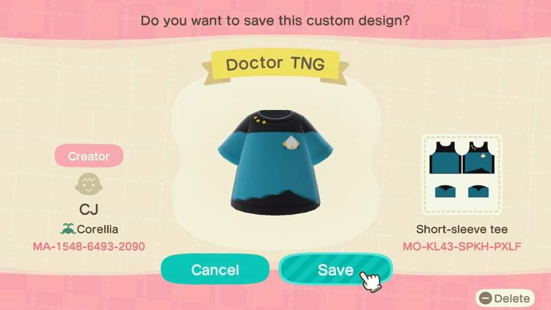 Animal Crossing Design Code: MO-KL43-SPKH-PXLF Doctor TNG