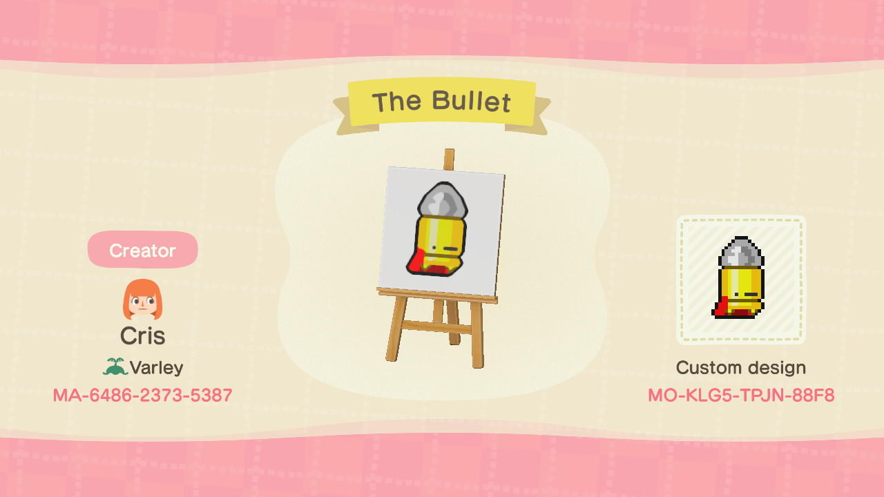 Animal Crossing Design Code: MO-KLG5-TPJN-88F8 The bullet ETG