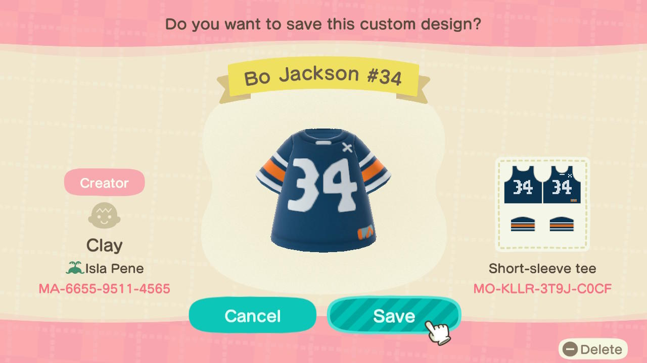Animal Crossing Design Code: MO-KLLR-3T9J-C0CF Auburn Bo Jackson