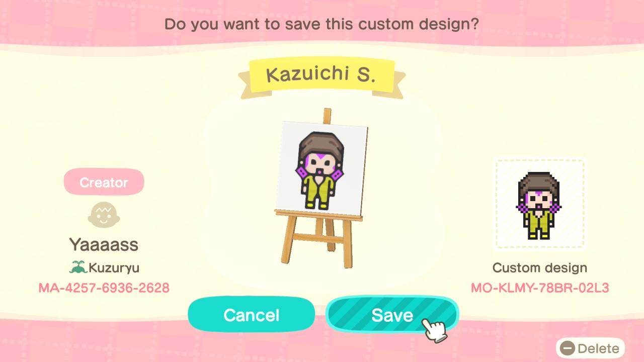 Animal Crossing Design Code: MO-KLMY-78BR-02L3 Kazuichi S.