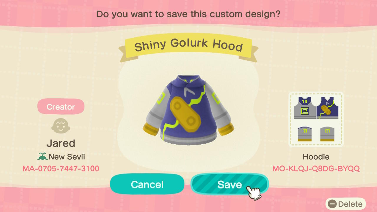 Animal Crossing Design Code: MO-KLQJ-Q8DG-BYQQ Shiny Golurk Hood