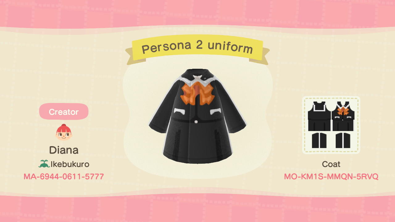 Animal Crossing Design Code: MO-KM1S-MMQN-5RVQ Persona 2 uniform